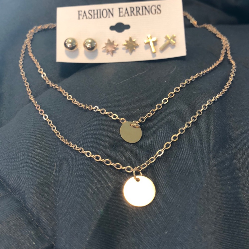 Gold Layered Necklace and Gold earring set